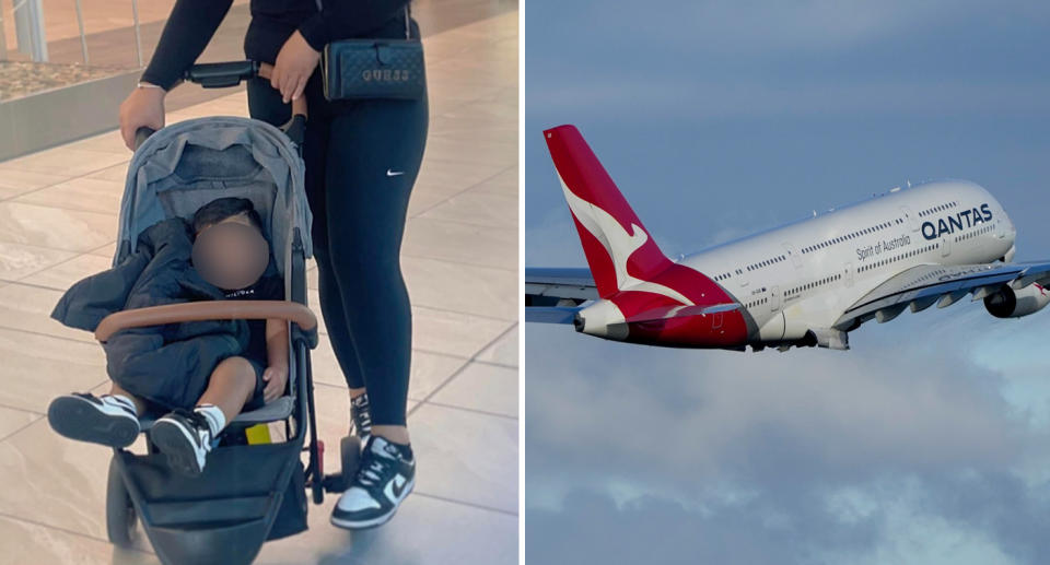 50/50 picture of the Qantas passenger with her son, beside a picture of a Qantas plane in-flight. 