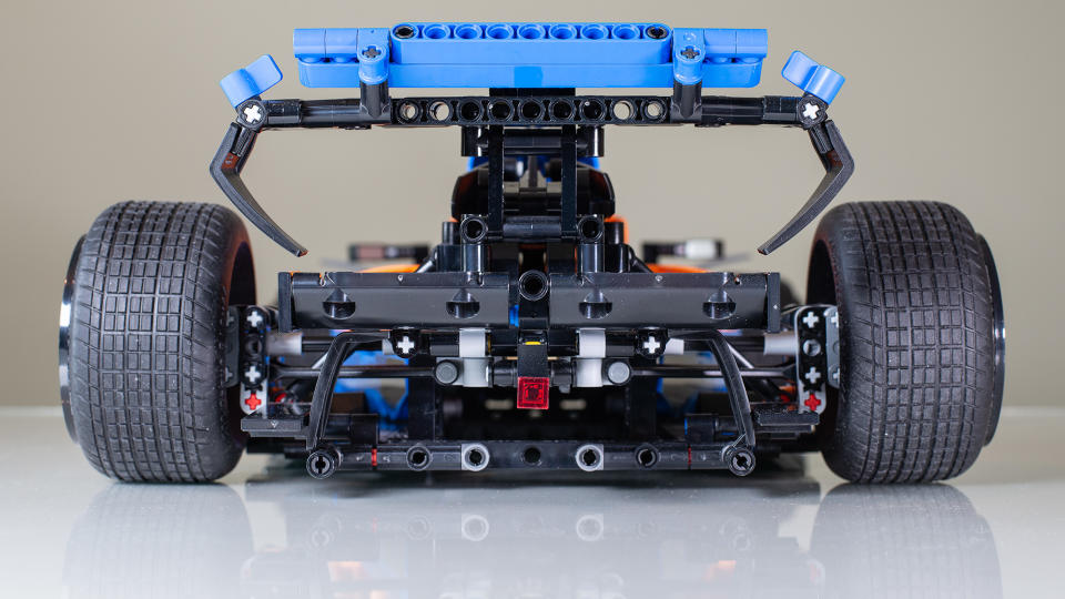 The rear wing of the Lego Technic McLaren Formula 1 Race Car