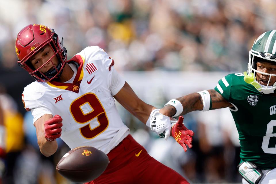 Ohio defensive back Justin Birchette, right, breaks up a pass intended for Iowa State wide receiver Jayden Higgins during an NCAA college football game Saturday, Sept. 16, 2023 in Athens, Ohio.