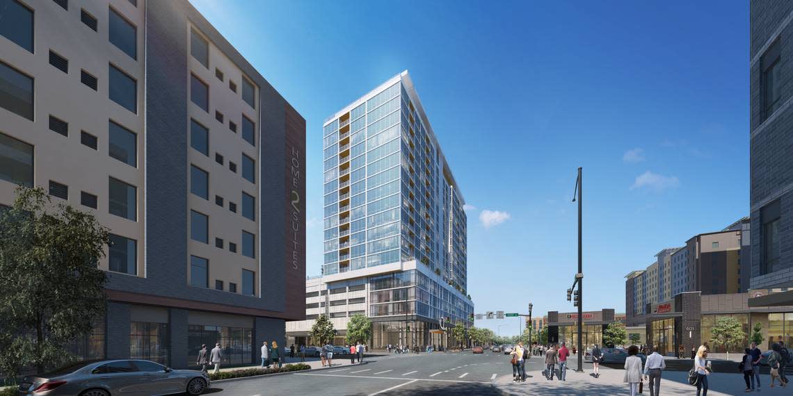 A rendering shows a potential 19-story apartment building at 521 W. Front St. This view, from 6th Street, shows the intersection of 6th Street and Front Street.