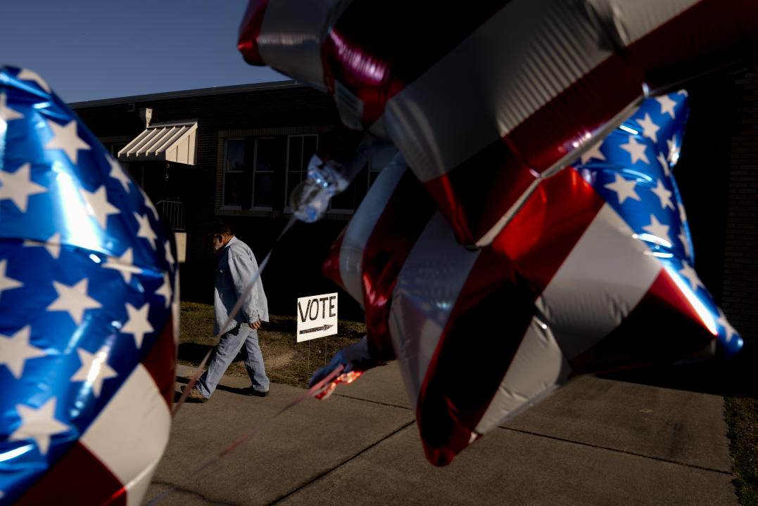 American flag balloons are pictured outside New Bridge Academy in Cayce, S.C.