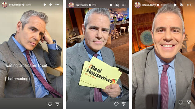 A series of images of Andy Cohen at The Real Housewives of Atlanta reunion.