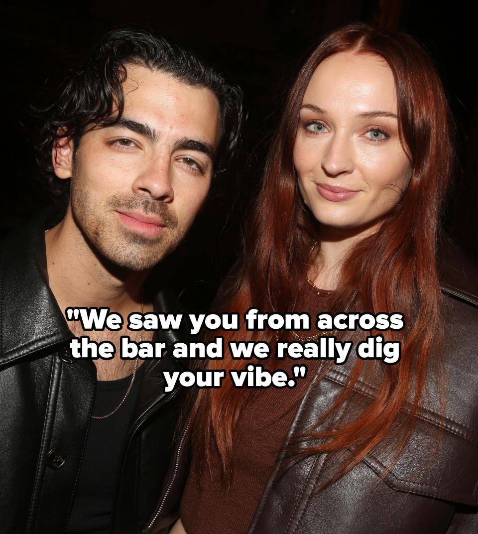 Close-up of Joe and Sophie with the caption, "We saw you from across the bar and we really dig your vibe"