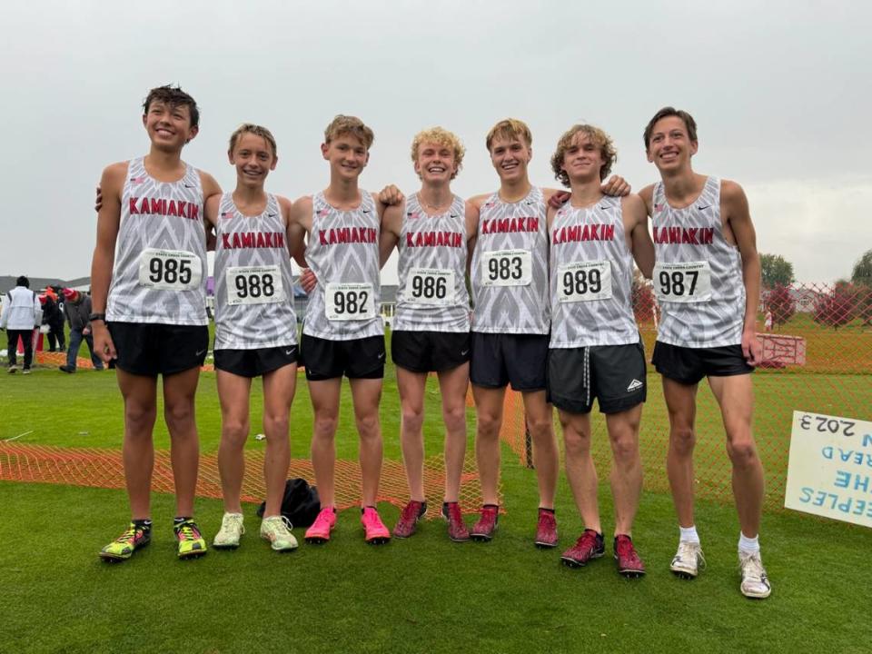 The Kamiakin boys cross country team fininshed second in the 4A boys race at the WIAA state high school championships in Pasco. Ezra Teeples (986) won the individual Washington state title. From left are Chase Kennard, Bridger Melver, Reagan Dupuy, Eztra Teeples, Jackson Farris, Jacob Cabe and Noah Thomas.