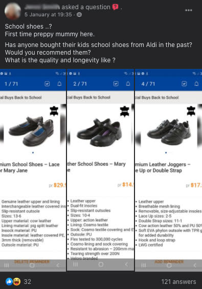 Mum with school-aged kids have raved about Aldi's affordable school shoes. Photo: Facebook.