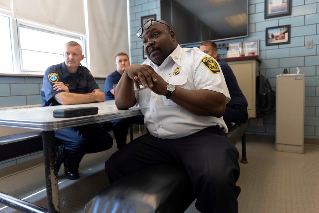 Cincinnati Fire Chief Michael Washington Sr. gives a speech on his visit to Engine 5 in Over-the-Rhine in this 2021 photo.