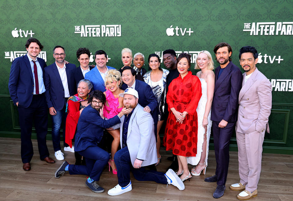 (L-R) Zach Woods, Anthony King, Jade Wu, Phil Lord, John Gemberling, Chris Miller, Poppy Liu, Ken Jeong, Elizabeth Perkins, Paul Walter Hauser, Tiffany Haddish, Zoe Chao, Sam Richardson, Vivian Wu, Anna Ryan Konkle, Jack Whitehall and John Cho attend the red carpet premiere for Apple TV+'s "The Afterparty" at Regency Bruin Theatre on June 28, 2023 in Los Angeles, California.