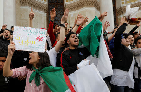 Students protest against Algeria's President Abdelaziz Bouteflika, in Algiers, Algeria March 10, 2019. The sign reads: Pacific. REUTERS/Zohra Bensemra