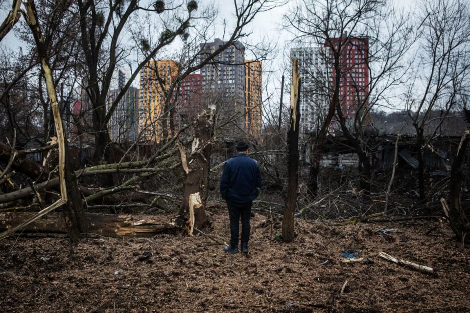 <div class="inline-image__caption"><p>A man stands among the damage after the morning missile strike on Jan. 26, 2023, in Kyiv, Ukraine. </p></div> <div class="inline-image__credit">Yevhenii Zavhorodnii/Global Images Ukraine via Getty Images</div>