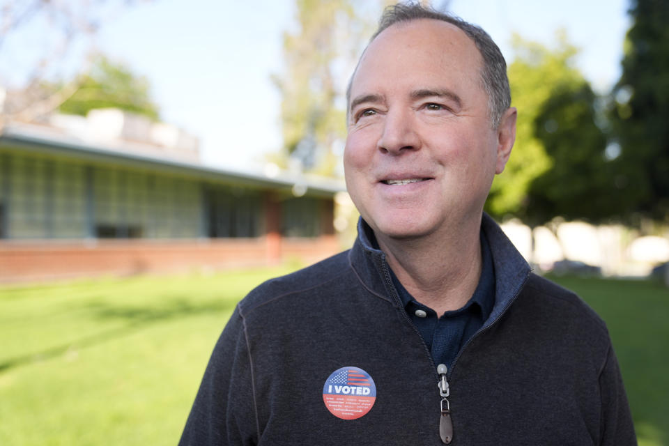 Rep. Adam Schiff, D-Calif., fields questions after voting, Tuesday, March 5, 2024, in Burbank, Calif. Schiff is running for U.S. Senate to replace the late Sen. Dianne Feinstein. (AP Photo/Marcio Jose Sanchez)