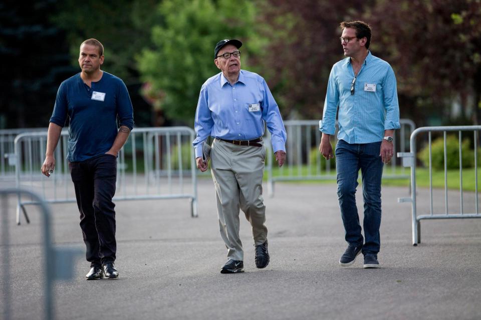 <span>Lachlan, Rupert and James Murdoch in Sun Valley, Idaho, on 10 July 2013.</span><span>Photograph: Scott Eells/Bloomberg via Getty Images</span>