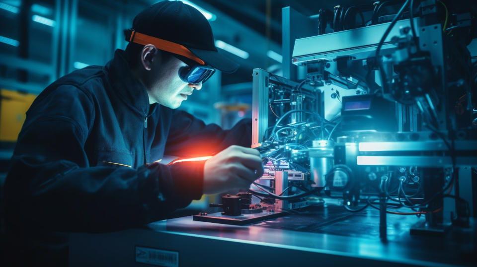 A laser technician in full safety gear inspecting a complex laser machine in a factory.