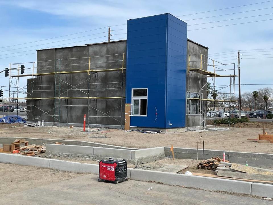 The building under construction at West Union and McHenry avenues near Golden Corral finally has the distinctive blue of the Dutch Bros. drive-thru coffee chain.