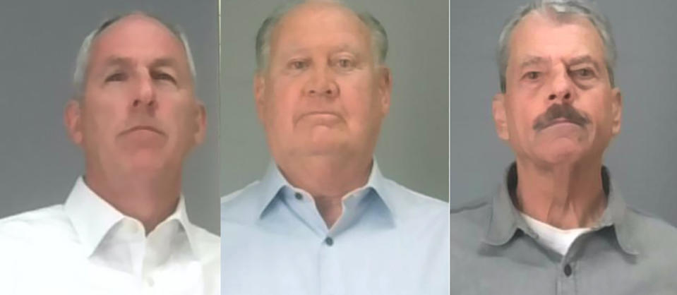 This photo provided by Summit County Sheriff's Office shows from left, Michael Dowling, Samuel Randazzo, and Charles Jones, Jr. Republican Attorney General Dave Yost announced, Monday, Feb. 12, 2024, the indictments of former CEO Chuck Jones and former senior vice president Michael Dowling Monday, along with additional state charges against ex-Public Utilities Commission of Ohio Chair Sam Randazzo. (Summit County Sheriff's Office via AP)