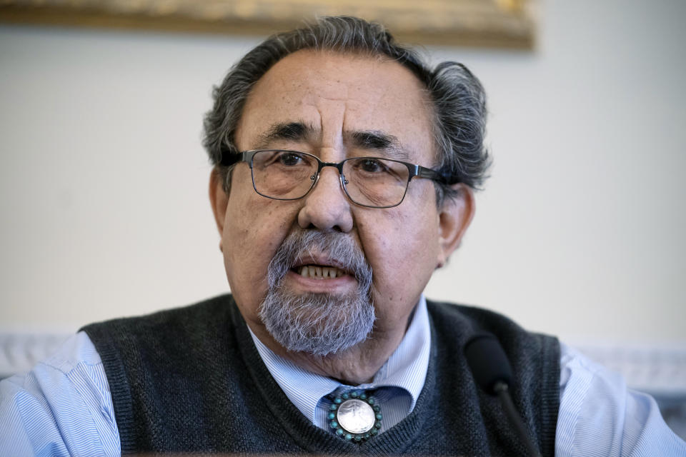 FILE - House Natural Resources Committee Chairman Raul Grijalva, D-Ariz., speaks at the Capitol in Washington, March 28, 2022. Grijalva announced Tuesday, April 2, 2024 that he has been diagnosed with cancer, but he said he is continuing to work as he undergoes treatment. (AP Photo/J. Scott Applewhite, file)