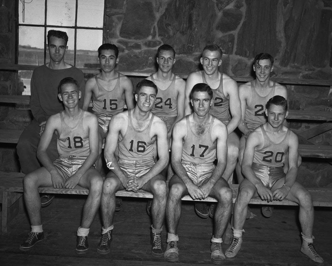 Jan. 30, 1940: Keller High School’s basketball team closed out one of their most successful seasons. Members of the team are, from left, top row: Coach F. L. Witt, Paul Mata - 15, Joseph Knox -24, Paul Admire - 22, and P. A. Hudnall. Bottom: Morris Pulliam - 18, Boyd Pulliam - 16, Lloyd Pulliam - 17, and Billy Price - 20. Fort Worth Star-Telegram archive/UT Arlington Special Collections