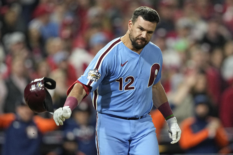 Philadelphia Phillies' Kyle Schwarber reacts after grounding out to end the eighth inning in Game 5 of baseball's World Series between the Houston Astros and the Philadelphia Phillies on Thursday, Nov. 3, 2022, in Philadelphia. (AP Photo/David J. Phillip)