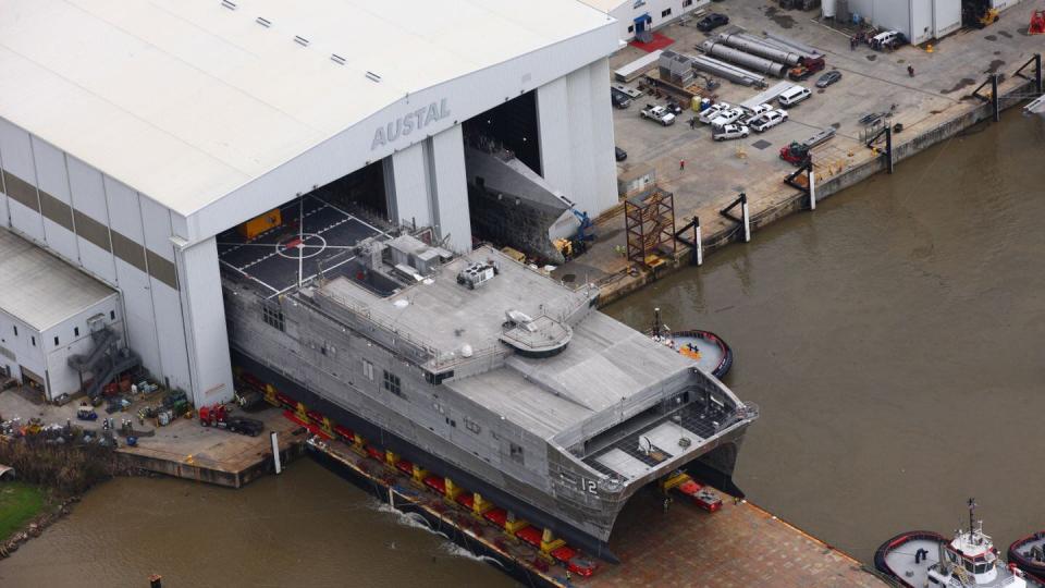 Alabama shipbuilder Austal USA launched the expeditionary fast transport Newport into the Mobile River in 2020. (Courtesy of Austal USA)