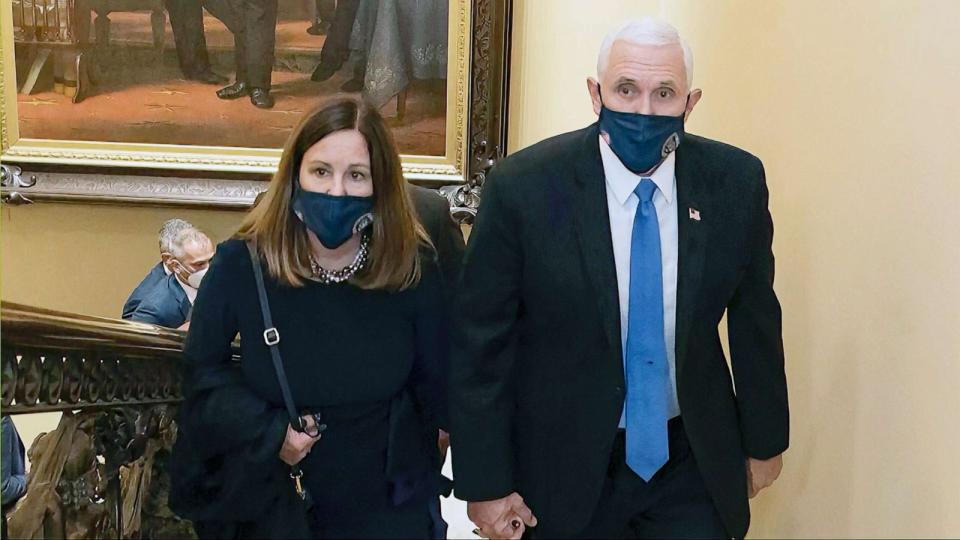 PHOTO: In this file photo Vice President Mike Pence and his wife Karen walk at the Capitol on Jan 6, that the House select committee investigating the Jan. 6 attack on the U.S. Capitol displayed June 16, 2022, on Capitol Hill in Washington. (House Select Committee via AP, FILE)