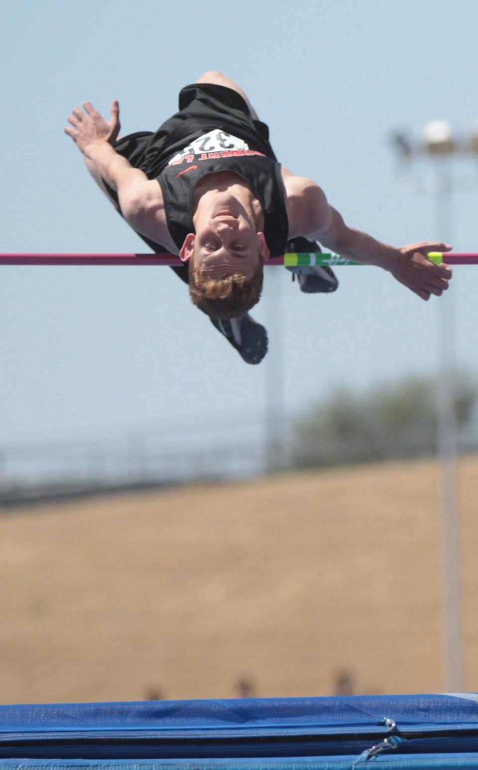 Robert Lee's Noah Escamilla clears the bar in the boys high jump at the Region II-1A Track and Field Championships Saturday, April 30, 2022, at LeGrand Stadium at Angelo State University.