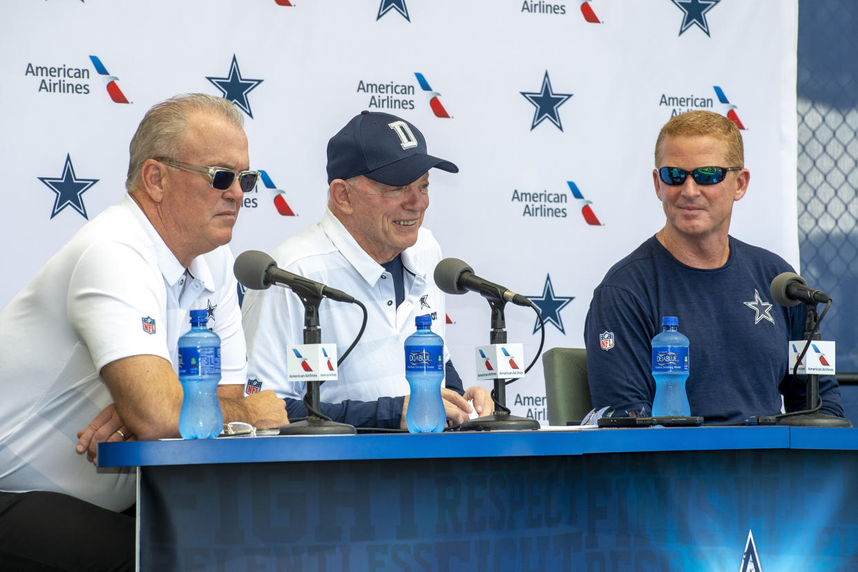 Jerry Jones (middle) and Stephen Jones (left) made the Cowboys' policy on the national anthem clear this week. (AP)