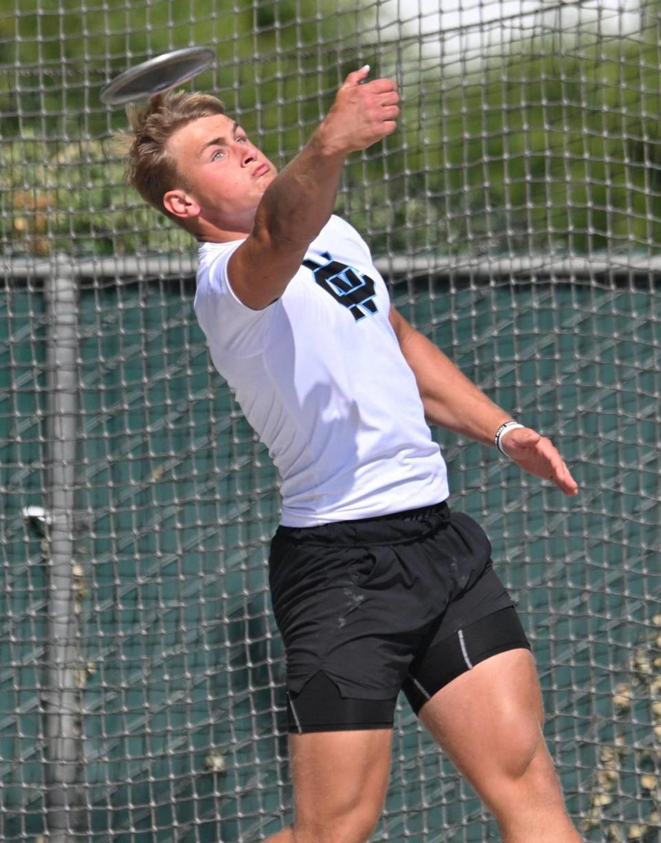 Clovis North’s McKay Madsen throws in the Boys Discus at the 2023 CIF California Track & Field State Championship qualifiers Friday, May 26, 2023 in Clovis.