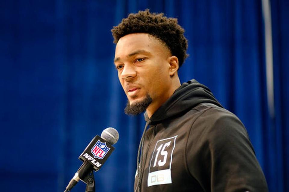 Florida defensive back C J Henderson speaks during a press conference at the NFL football scouting combine in Indianapolis, Friday, Feb. 28, 2020.