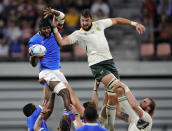 Namibia's Tjiuee Uanivi, left, and South Africa's Lood de Jager compete for lineout ball during the Rugby World Cup Pool B game at the City of Toyota Stadium between South Africa and Namibia in Toyota City, Japan, Saturday, Sept. 28, 2019. (AP Photo/Christophe Ena)