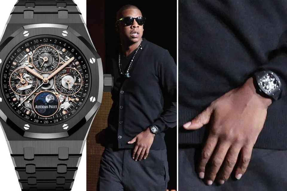 close up of black watch next to jay z wearing watch and close up of his watch on hand