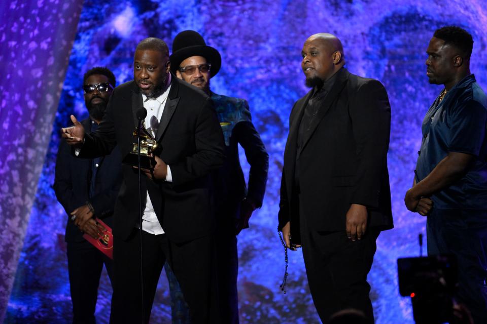 Feb 5, 2023; Los Angeles, CA, USA; Robert Glasper accepts the award for best R&B album during the Grammy Awards Premiere Ceremony at the Microsoft Theater in Los Angeles on Sunday, Feb. 5, 2023. Mandatory Credit: Robert Hanashiro-USA TODAY