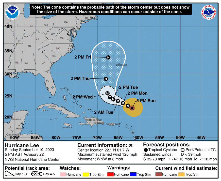 The National Hurricane Center's track forecast cone graphic at 5 p.m. on Sunday, Sept.10.