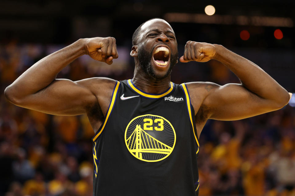 SAN FRANCISCO, CALIFORNIA - MAY 26: Draymond Green #23 of the Golden State Warriors reacts after a basket and a foul call during the fourth quarter against the Dallas Mavericks in Game Five of the 2022 NBA Playoffs Western Conference Finals at Chase Center on May 26, 2022 in San Francisco, California. NOTE TO USER: User expressly acknowledges and agrees that, by downloading and or using this photograph, User is consenting to the terms and conditions of the Getty Images License Agreement. (Photo by Ezra Shaw/Getty Images)