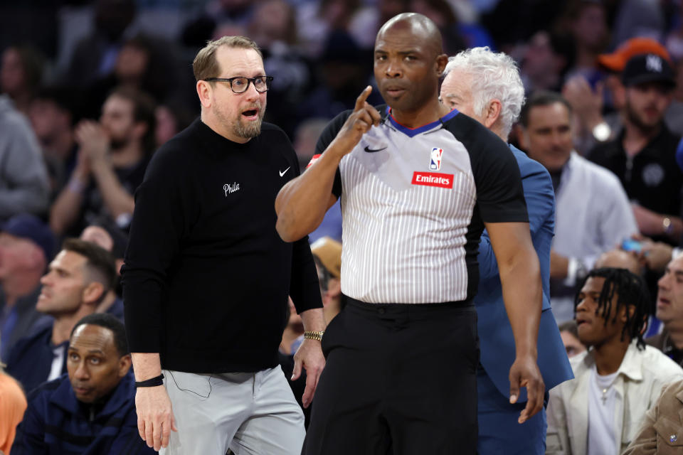 NEW YORK, NEW YORK - APRIL 22: Head coach Nick Nurse of the Philadelphia 76ers reacts toward the referee during the second half against the New York Knicks in Game Two of the Eastern Conference First Round Playoffs at Madison Square Garden on April 22, 2024 in New York City. The Knicks won 104-101. NOTE TO USER: User expressly acknowledges and agrees that, by downloading and or using this photograph, User is consenting to the terms and conditions of the Getty Images License Agreement. (Photo by Sarah Stier/Getty Images)