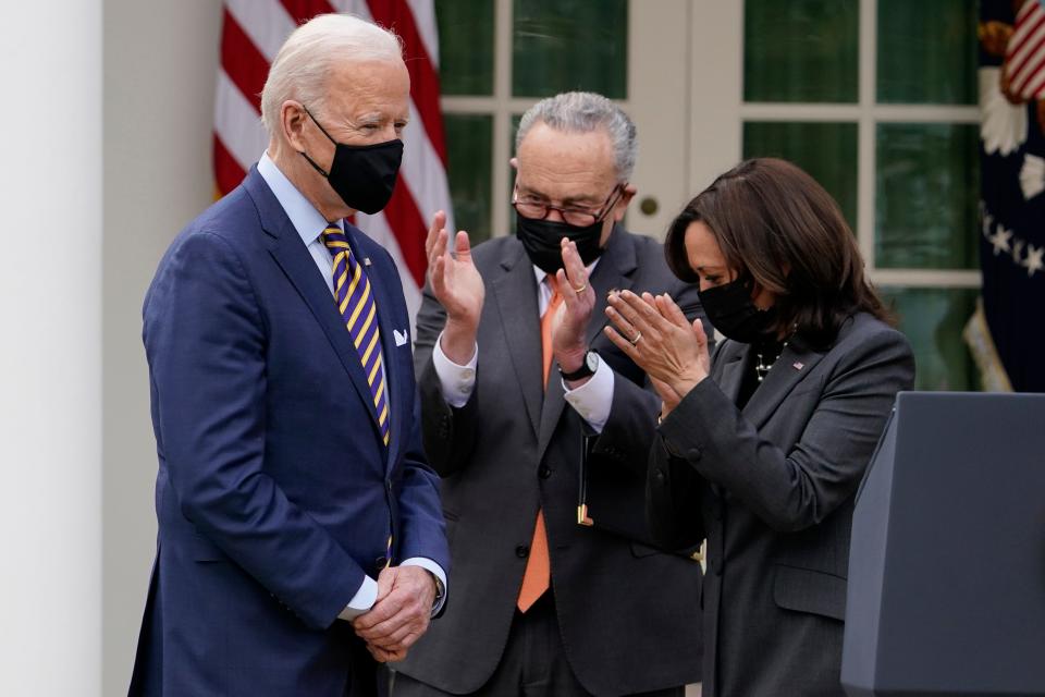 President Joe Biden, Senate Majority Leader Chuck Schumer and Vice President Kamala Harris at the White House on March 12, 2021, in Washington, D.C.