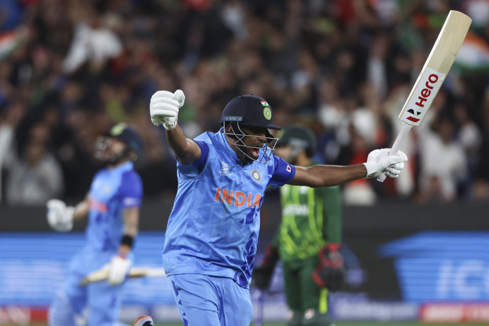 India's Ravichandran Ashwin reacts after hitting the winning runs during the T20 World Cup cricket match between India and Pakistan in Melbourne, Australia, Sunday, Oct. 23, 2022. (AP Photo/Asanka Brendon Ratnayake)