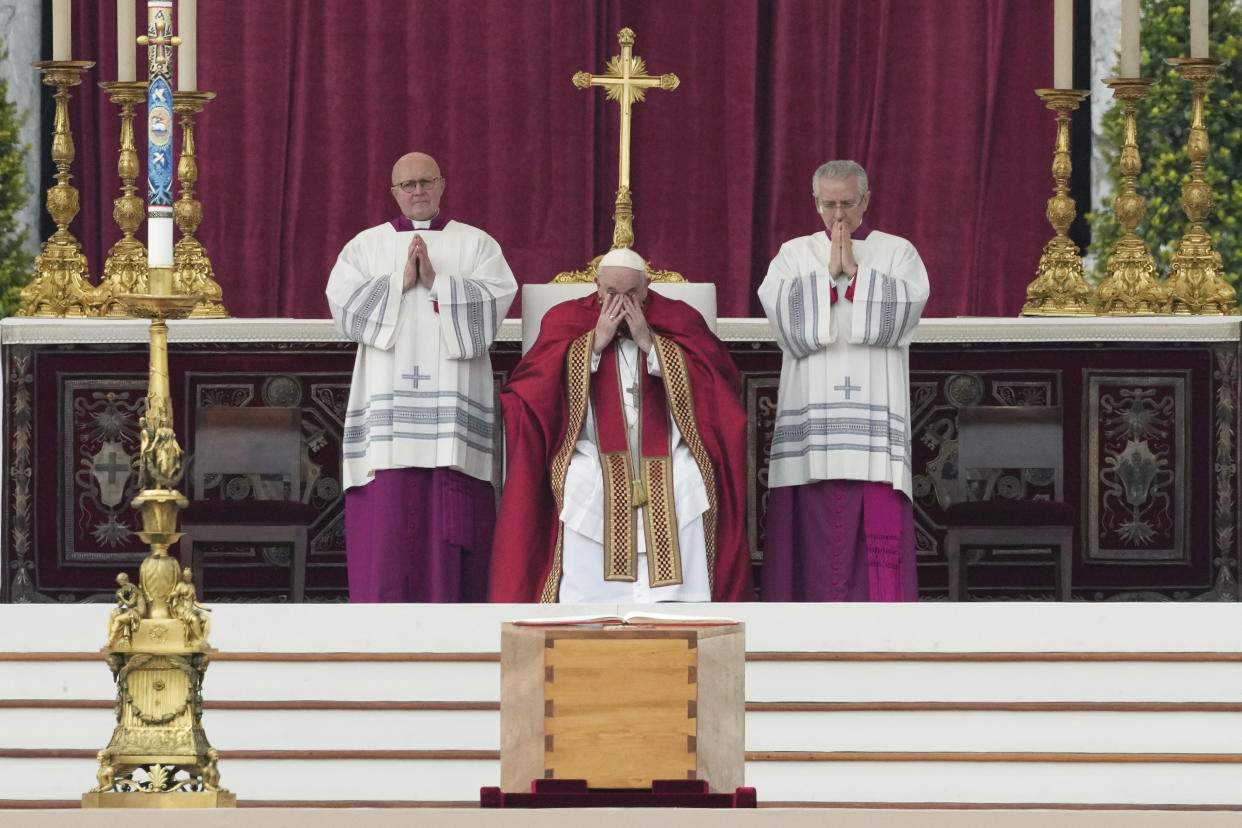 Pope Francis, centre, attends a funeral mass next to the coffin of late Pope Emeritus Benedict XVI St. Peter's Square at the Vatican, Thursday, Jan. 5, 2023. (AP Photo/Alessandra Tarantino)