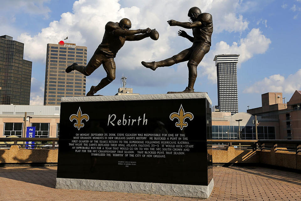 Steve Gleason’s punt block was immortalized in a statue outside the Superdome. (Getty)