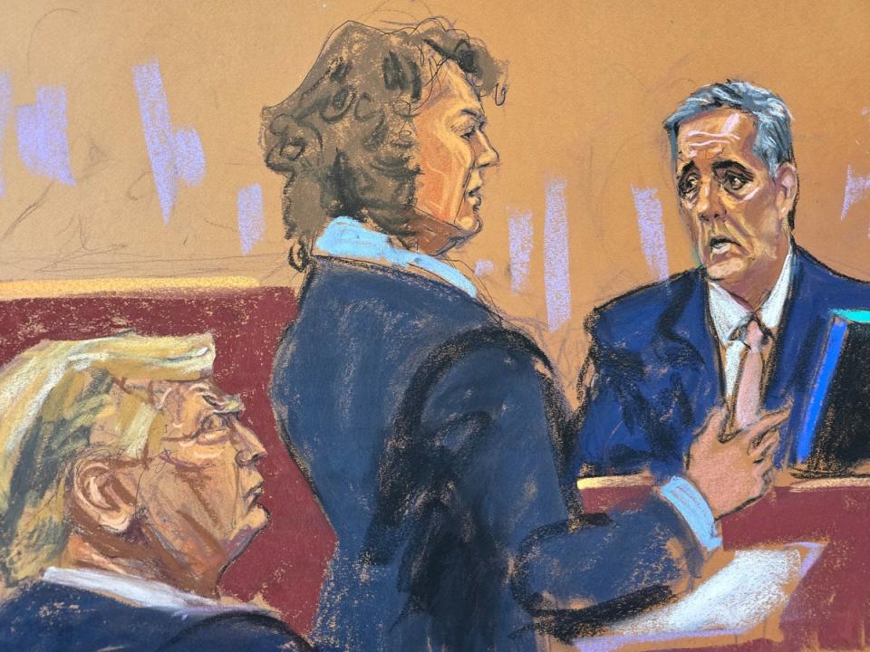 Michael Cohen pictured in a court sketch during his first day of cross-examination on 13 May (REUTERS)