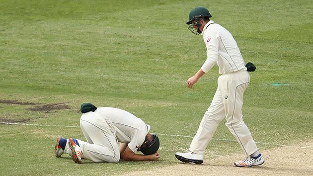 Hilton Cartwright wilts after being hit in the groin. Pic: Getty