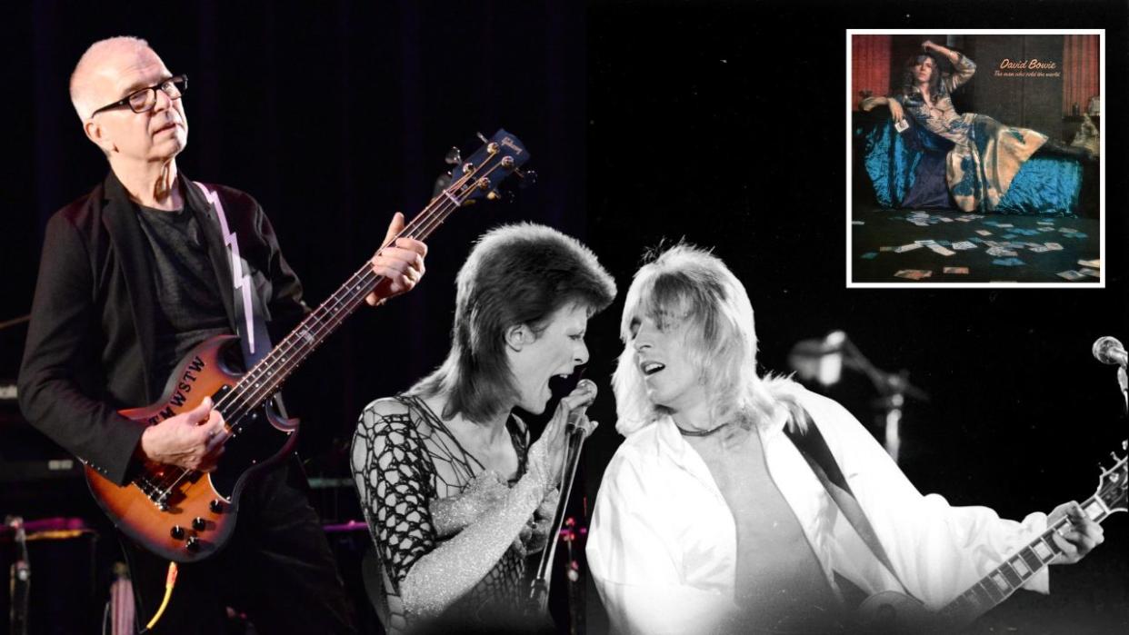 David Bowie performing with guitarist Mick Ronson at a live recording of 'The 1980 Floor Show' for the NBC 'Midnight Special' TV show, at The Marquee Club in London, with a specially invited audience of Bowie fanclub members, 20th October 1973. . 