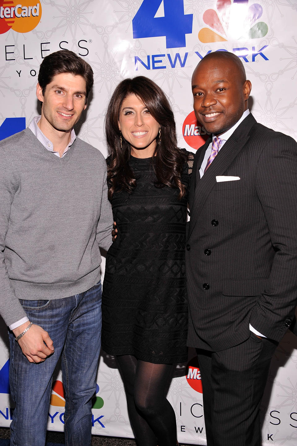 NEW YORK, NY - NOVEMBER 30: LXTV NBC television personalities Ben Aaron (L) and Siafa Lewis (R) and WNBC 4 New York traffic reporter Lauren Scala attend Rockefeller Center Christmas Tree Lighting Party at Rock Center Cafe on November 30, 2011 in New York City. (Photo by Gary Gershoff/Getty Images for NBC)