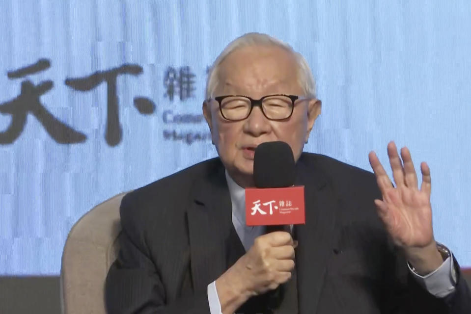 In this image made from video, former Taiwan Semiconductor Manufacturing Company (TSMC) CEO, Morris Chang, speaks during a forum in Taipei, Taiwan, Thursday, March 16, 2023. U.S. government efforts to shift production of processor chips from Asia to the United States will double their cost and slow the spread of their use in phones, cars and other products, the billionaire founder of the global industry’s biggest manufacturer warned Thursday. (AP Photo)