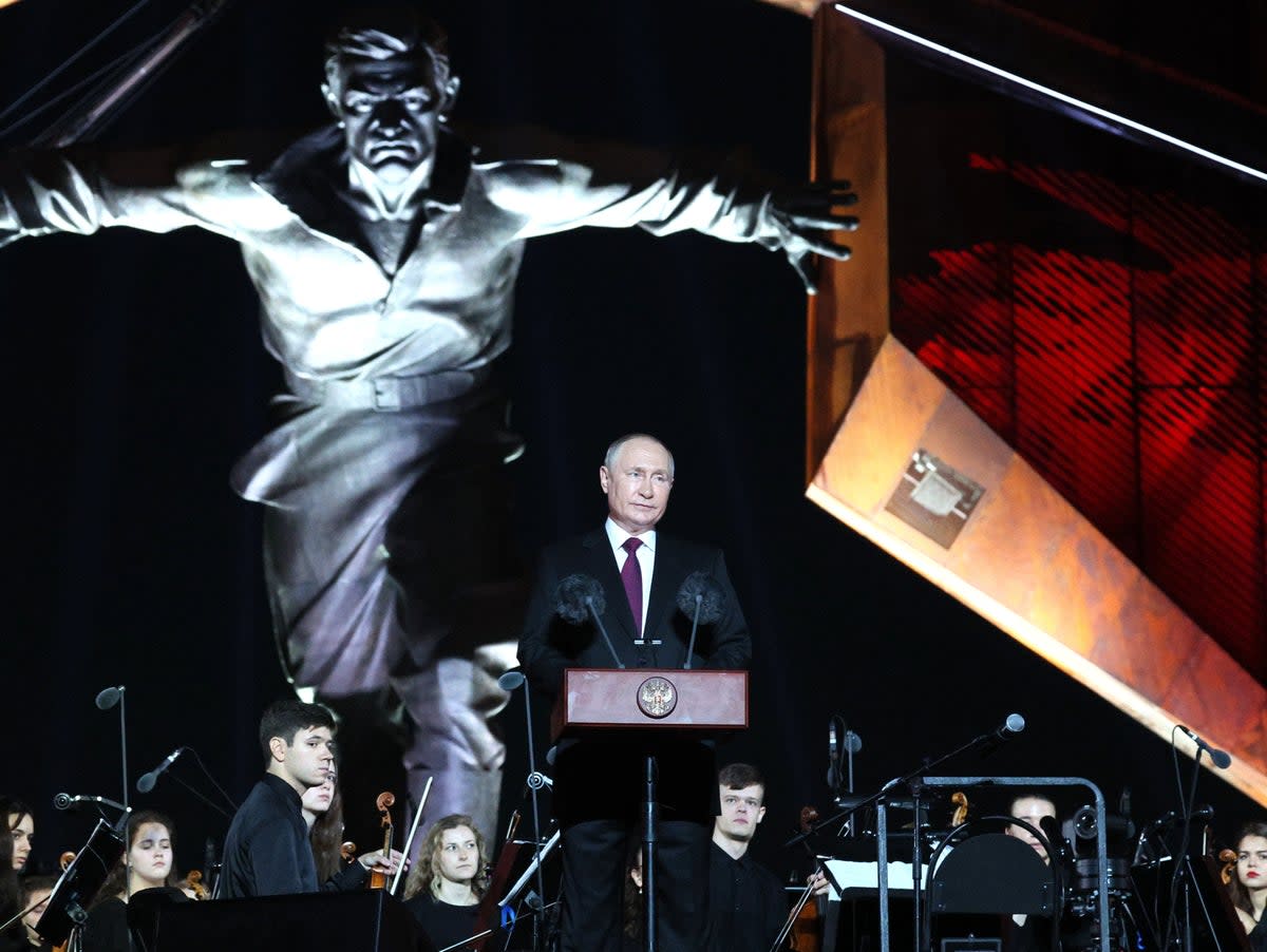 Putin at a ceremony to unveil the first phase of a Battle of Kursk memorial complex (EPA)