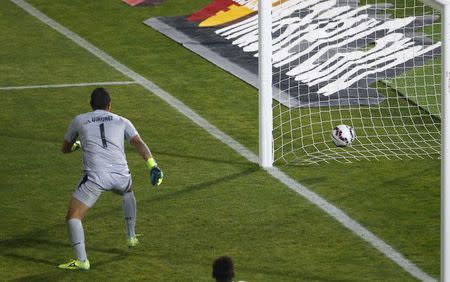 Bolivia's Romel Quinonez looks at an own goal by teammate Ricardo Pedriel during their first round Copa America 2015 soccer match against Chile at the National Stadium in Santiago, Chile, June 19, 2015. REUTERS/Ricardo Moraes