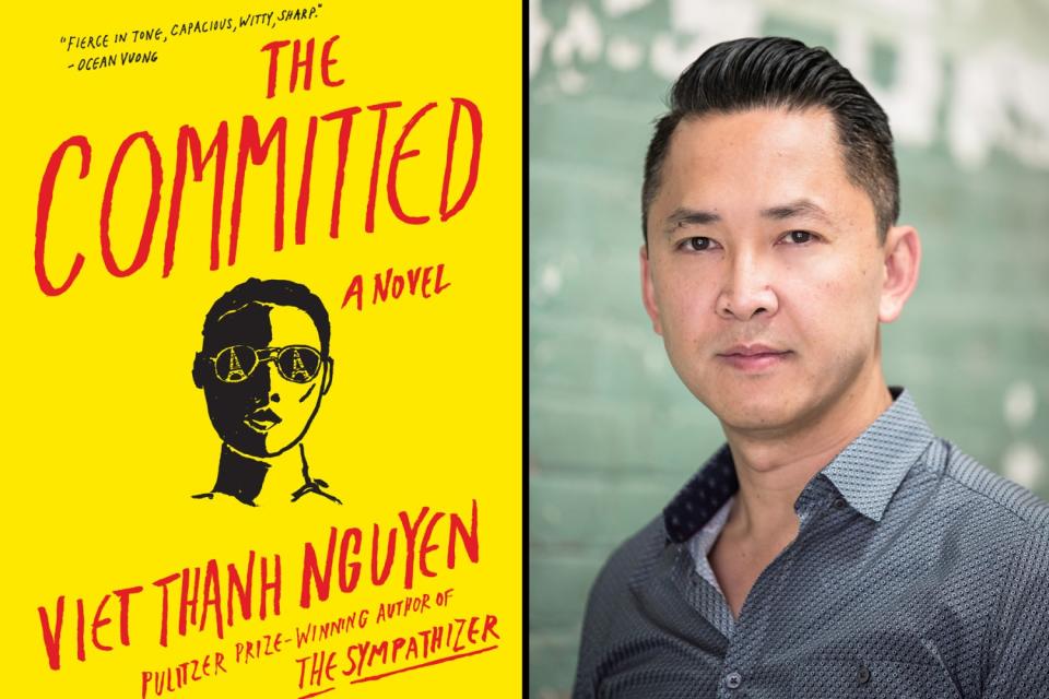 A headshot of Viet Thanh Nguyen beside a book jacket for "The Committed."