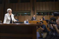 FILE - In this June 21, 2016, file photo, Federal Reserve Chairman Janet Yellen arrives on Capitol Hill in Washington to testify before the Senate Banking Committee. (AP Photo/Evan Vucci, File)