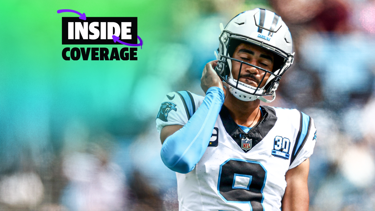 CHARLOTTE, NORTH CAROLINA - SEPTEMBER 15: Quarterback Bryce Young #9 of the Carolina Panthers reacts during the second half of the game against the Los Angeles Chargers at Bank of America Stadium on September 15, 2024 in Charlotte, North Carolina. (Photo by Jared C. Tilton/Getty Images)