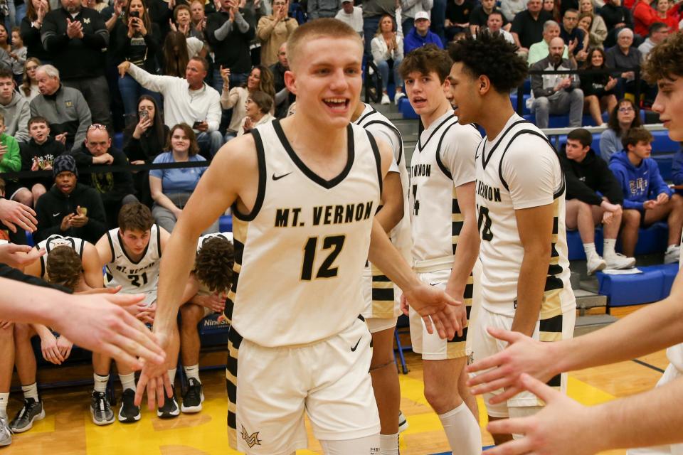 Mt. Vernon Luke Ertel (12) is introduced as the game begins as New Palestine plays Mt. Vernon High School in the IHSAA Class 4A Boys Basketball S9 Sectional, Feb 27, 2024; Greenfield, IN, USA; at Greenfield-Central High School.