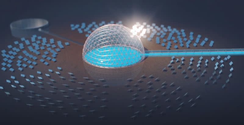 Representación artística de una cúpula solar desalinizadora rodeada de heliostatos. (Imagen capturada en el vídeo de NEOM en Youtube).