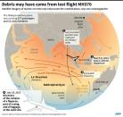 Map of ocean currents in the Indian Ocean, details of lost flight and location of debris found washed up on the French island of Reunion